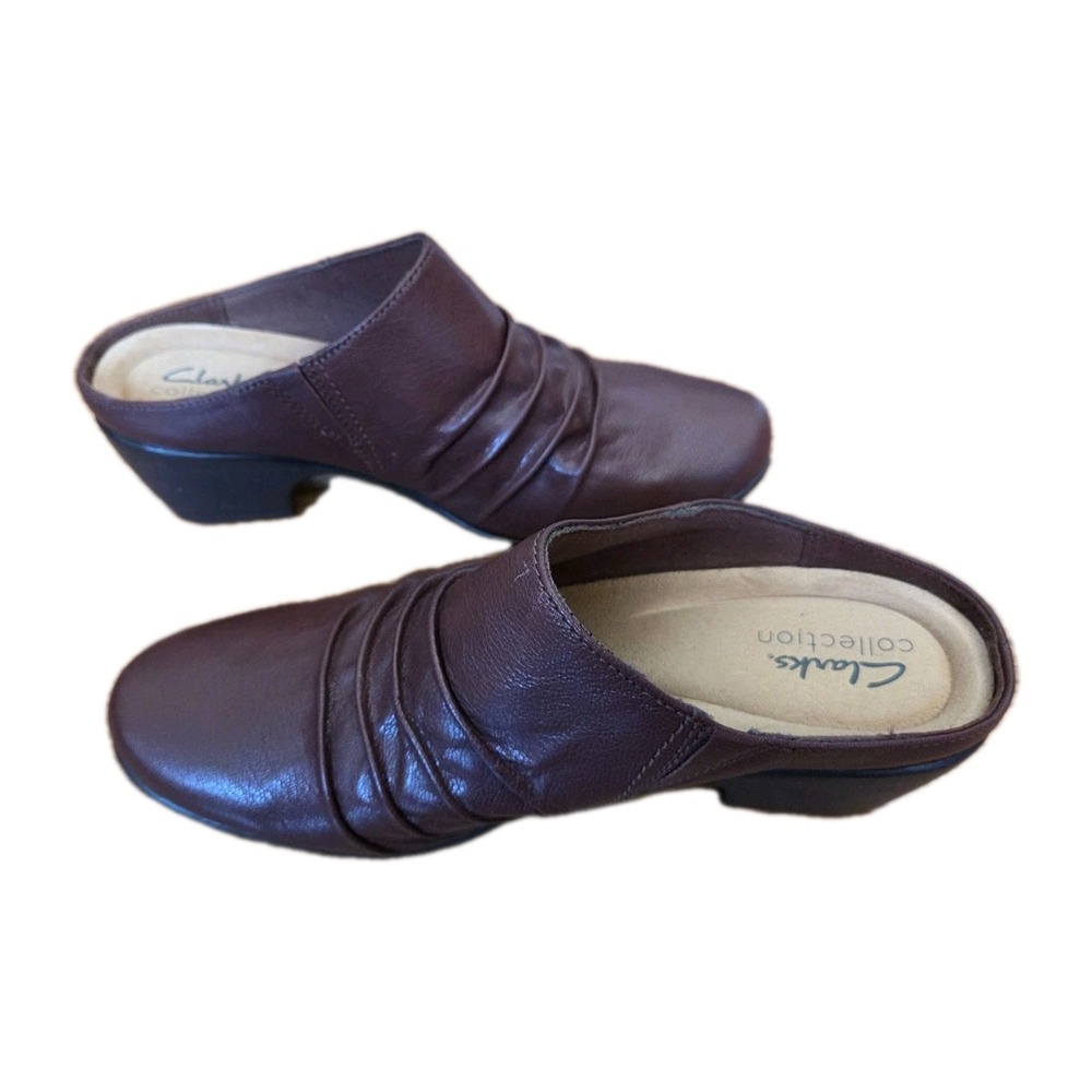 Clarks Womens Boot Ruched Leather Heeled Mules Slip/On Emily Dark Brown Size 8